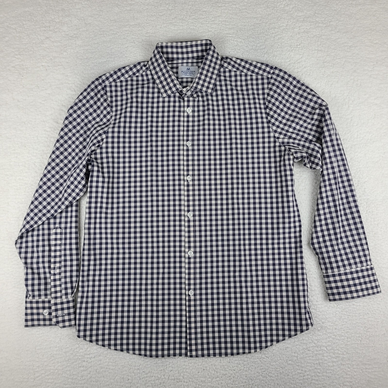 Mizzen Main Shirt Mens Xl Dark Blue Gingham Check Trim Fit Dress Button Up